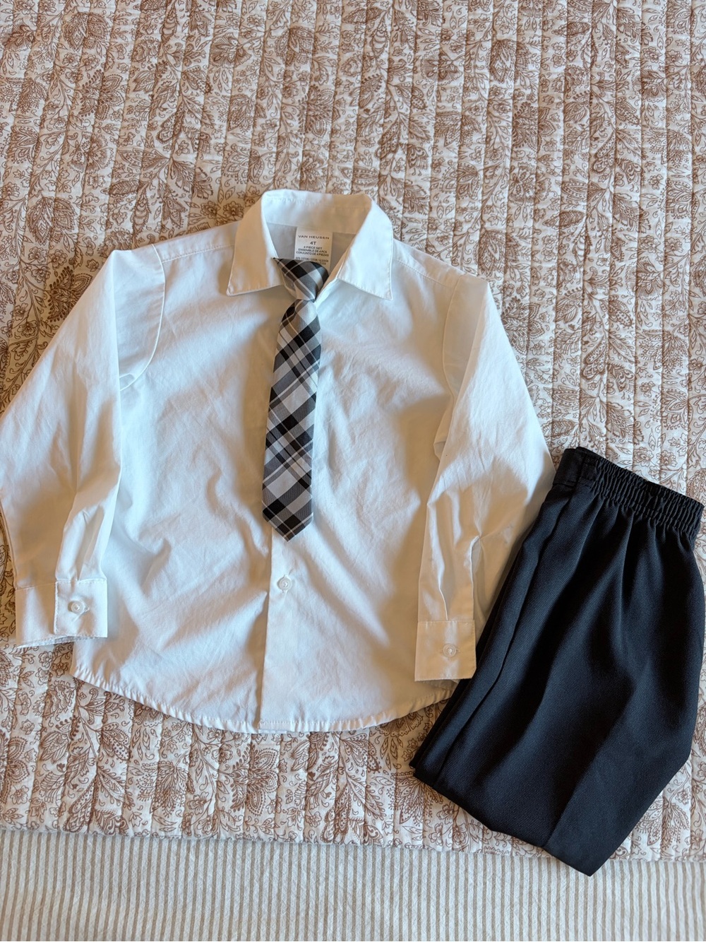 Van Heusen White Dress Shirt with Tie and Black Pants Formal Set - 4T